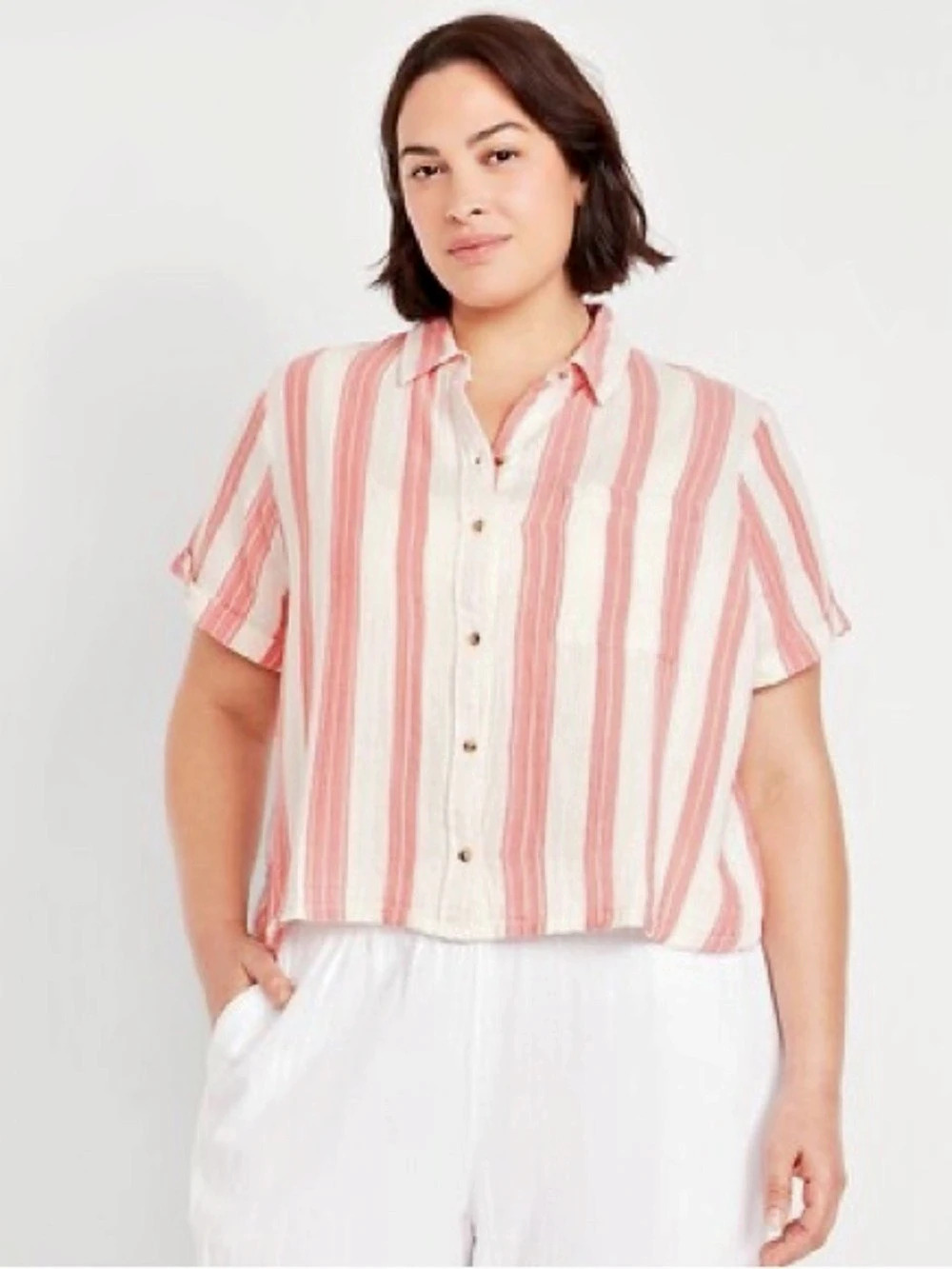 Old Navy Gauze Button-Down Striped Shirt salmon pink & White